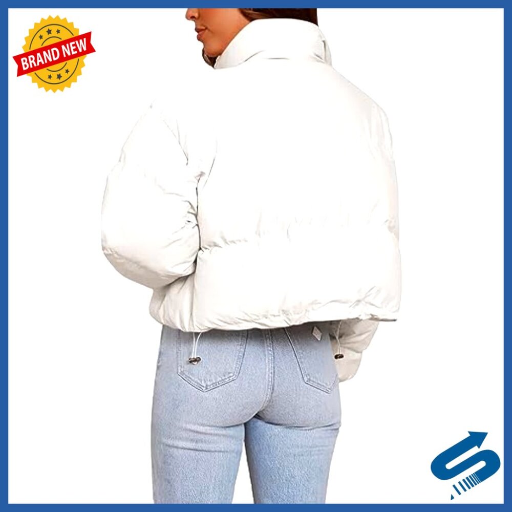 Cropped Puffer Jacket, Quilted Polyester, Long Sleeve, Stand Collar, Zipper - Picture 3 of 7
